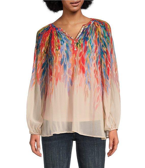 Figueroa & Flower Woven Ombre Print Crew Neck Long Raglan Pleated Sleeve Blouse Product Image
