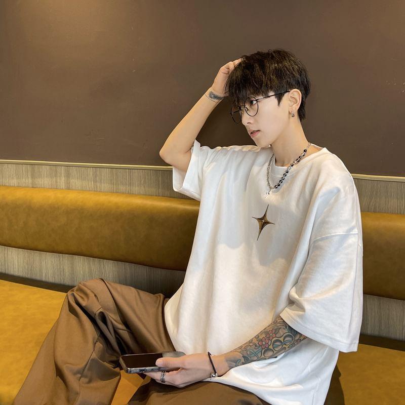 Elbow-Sleeve Crew Neck Star Print T-Shirt Product Image