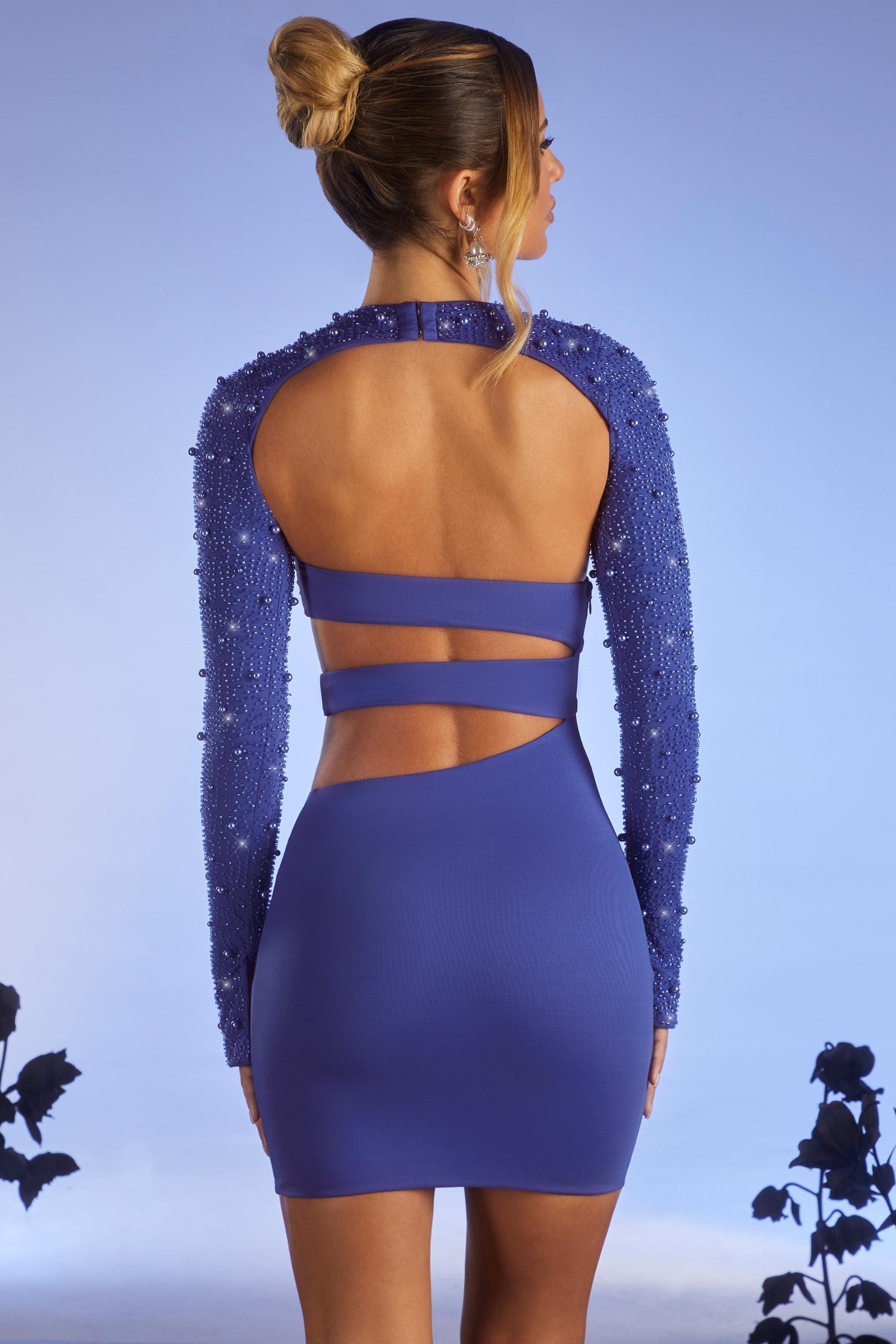 Embellished Long Sleeve Cut Out Mini Dress in Dark Blue Product Image