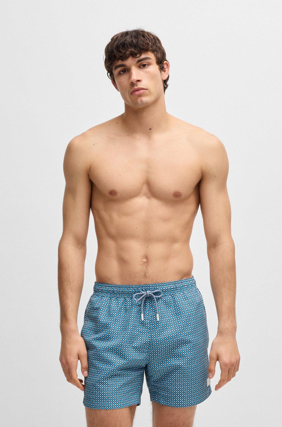 BOSS - Drawstring-waist swim shorts with all-over print - Light Blue Product Image