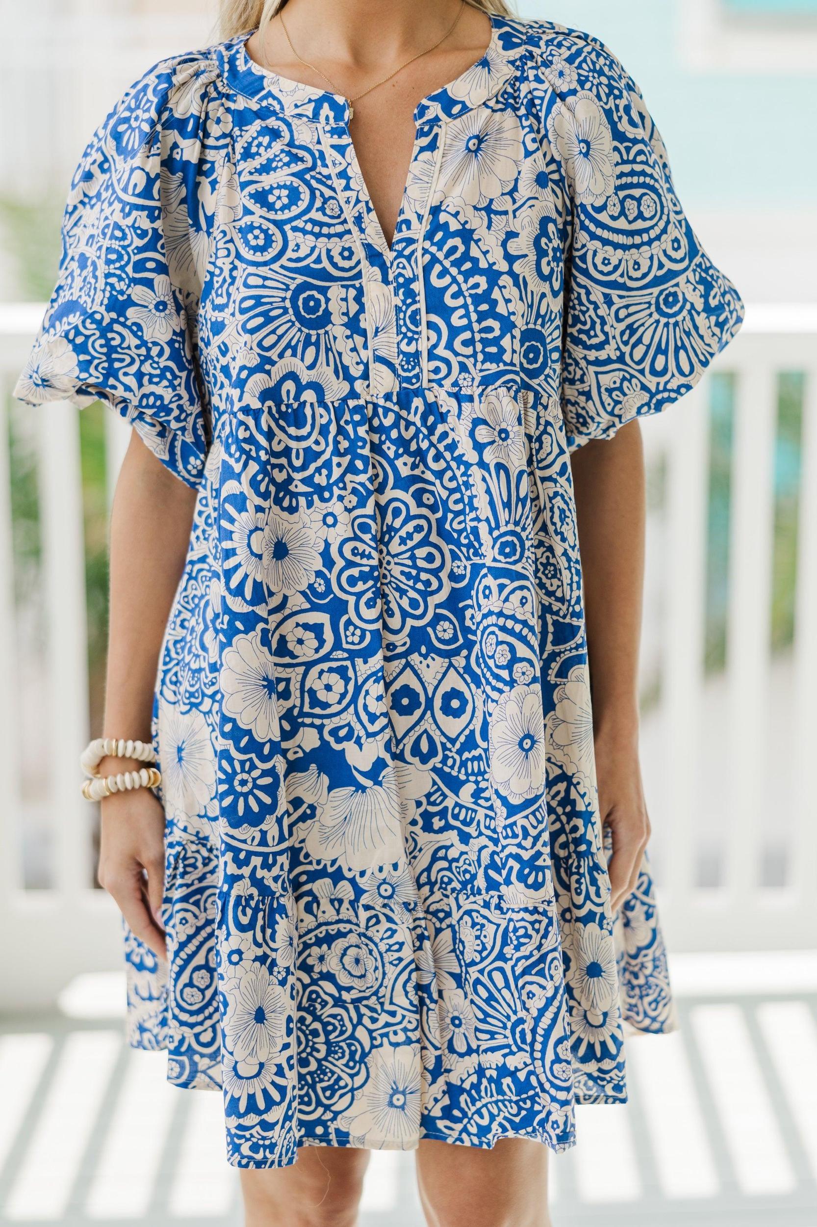 There You Go Blue Floral Bubble Sleeve Dress Female Product Image