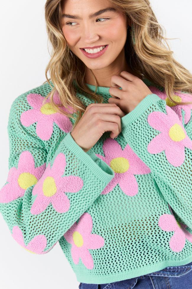 Follow You Around Mint And Pink Flower Embroidered Sweater SALE Product Image