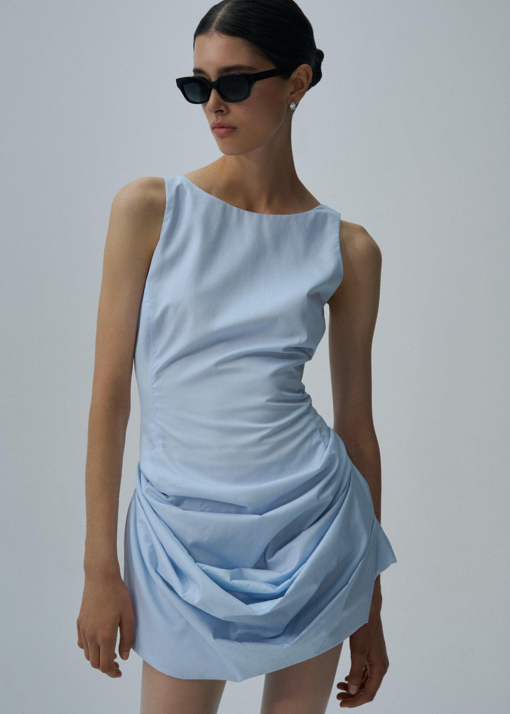 Sleeveless poplin mini dress in blue pinstripe Product Image