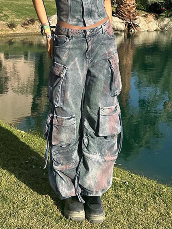 Vintage Tie Dye Multi Pocket Cargo Jeans Product Image