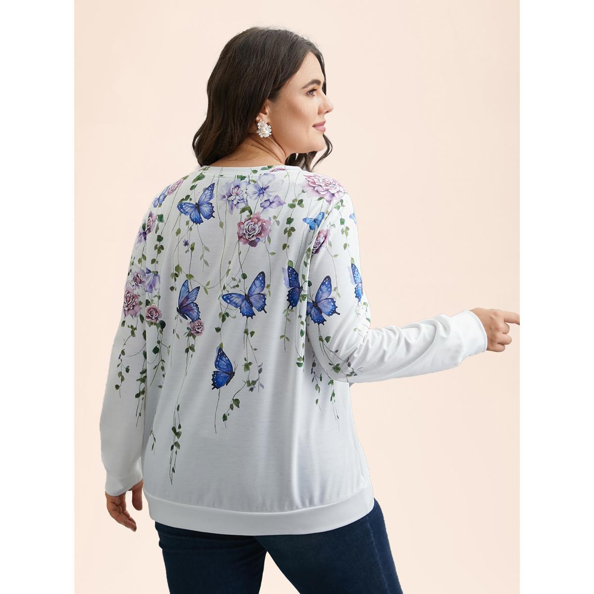 Plus Size Butterfly Print Stretchy Round Neck Sweatshirt Women WhiteSmoke Elegant Non Round Neck Everyday Sweatshirts BloomChic 30/6X Product Image