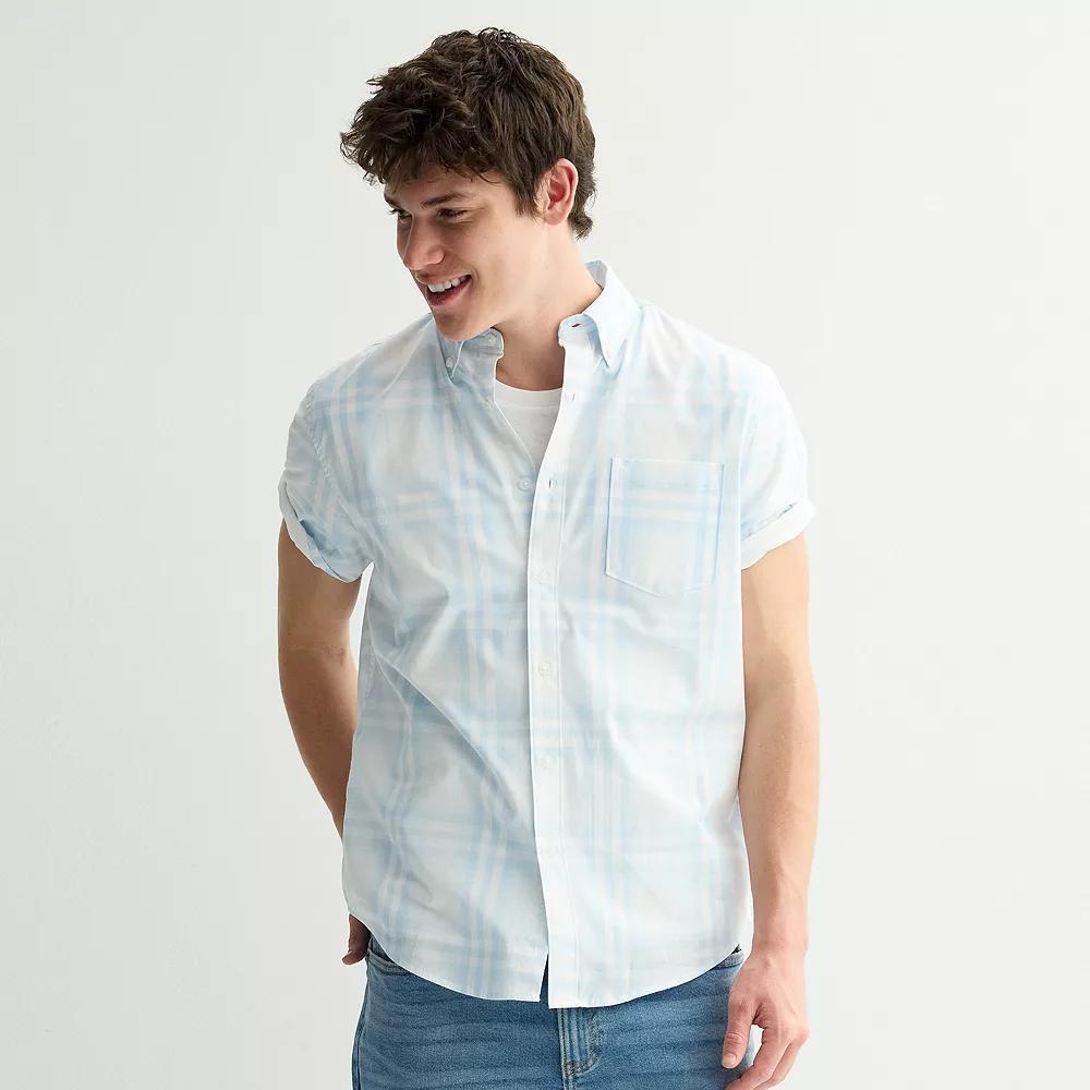 Men's Sonoma Goods For Life® Short Sleeve Perfect Length Button Down Shirt, Size: Large, Lt Blue Plaid Product Image