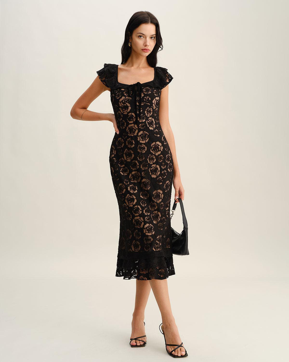 Black Textured Ruffle Mermaid Midi Dress Product Image