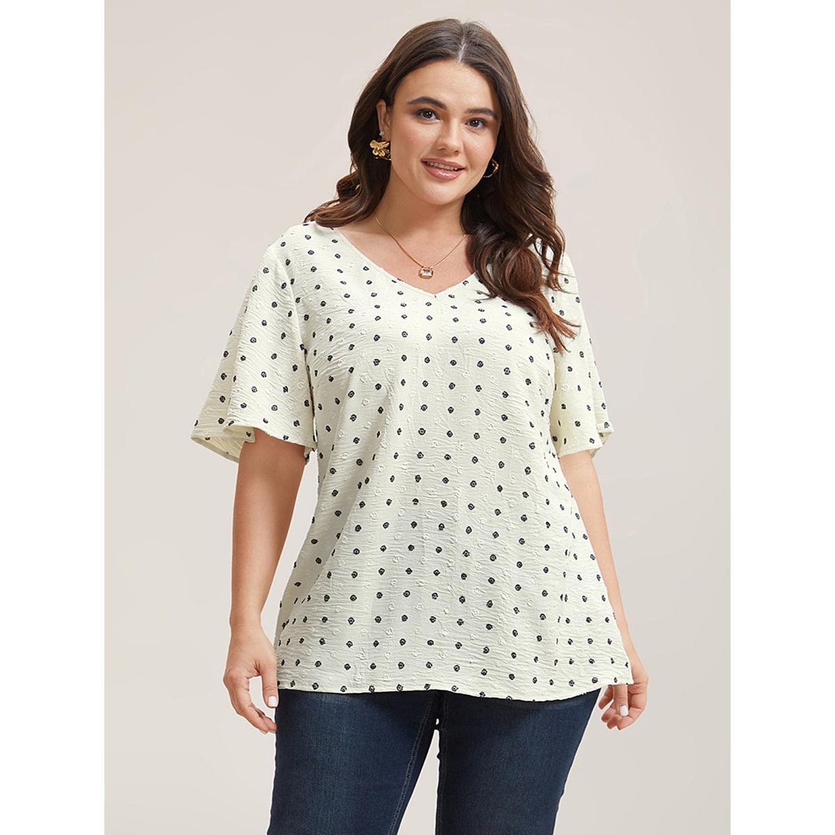 Plus Size Beige Textured Polka Dot Print Flared Sleeve Shirt Women Elegant Short sleeve V-neck Everyday Blouses BloomChic 30/6X Product Image