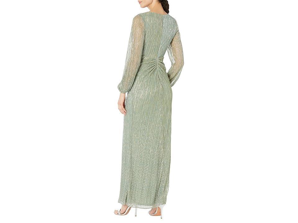 Adrianna Papell Metallic Long Sleeve Surplice V-Neck Ruched Detailed Draped Gown Product Image