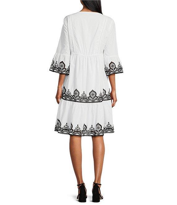 John Mark Cotton Split Neck Short Sleeve Embroidered Tiered Dress Product Image