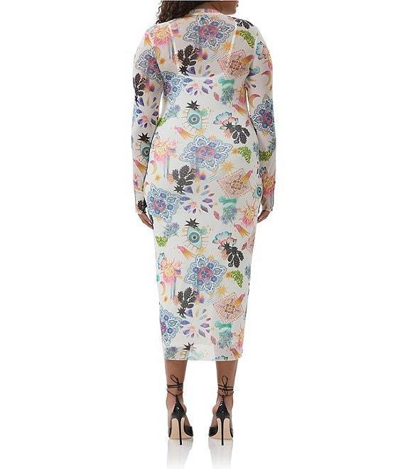 AFRM Plus Size Ashland Printed Mesh Crew Neck Long Sleeve Sheath Midi Dress Product Image