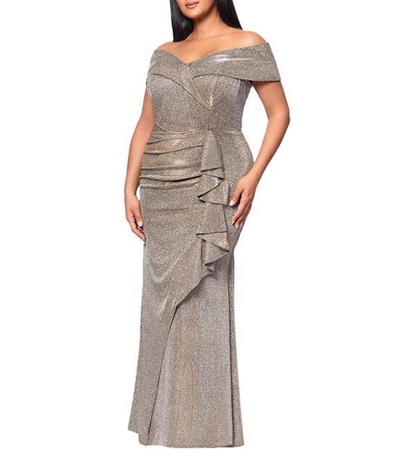Xscape Plus Size Off-the-Shoulder Sweetheart Neck Short Sleeve Cascading Ruffle Sheath Dress Product Image