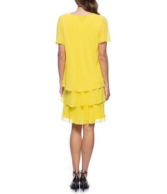 Marina Tiered Chiffon Rhinestone Keyhole V-Neck Flutter Short Sleeve Dress Product Image