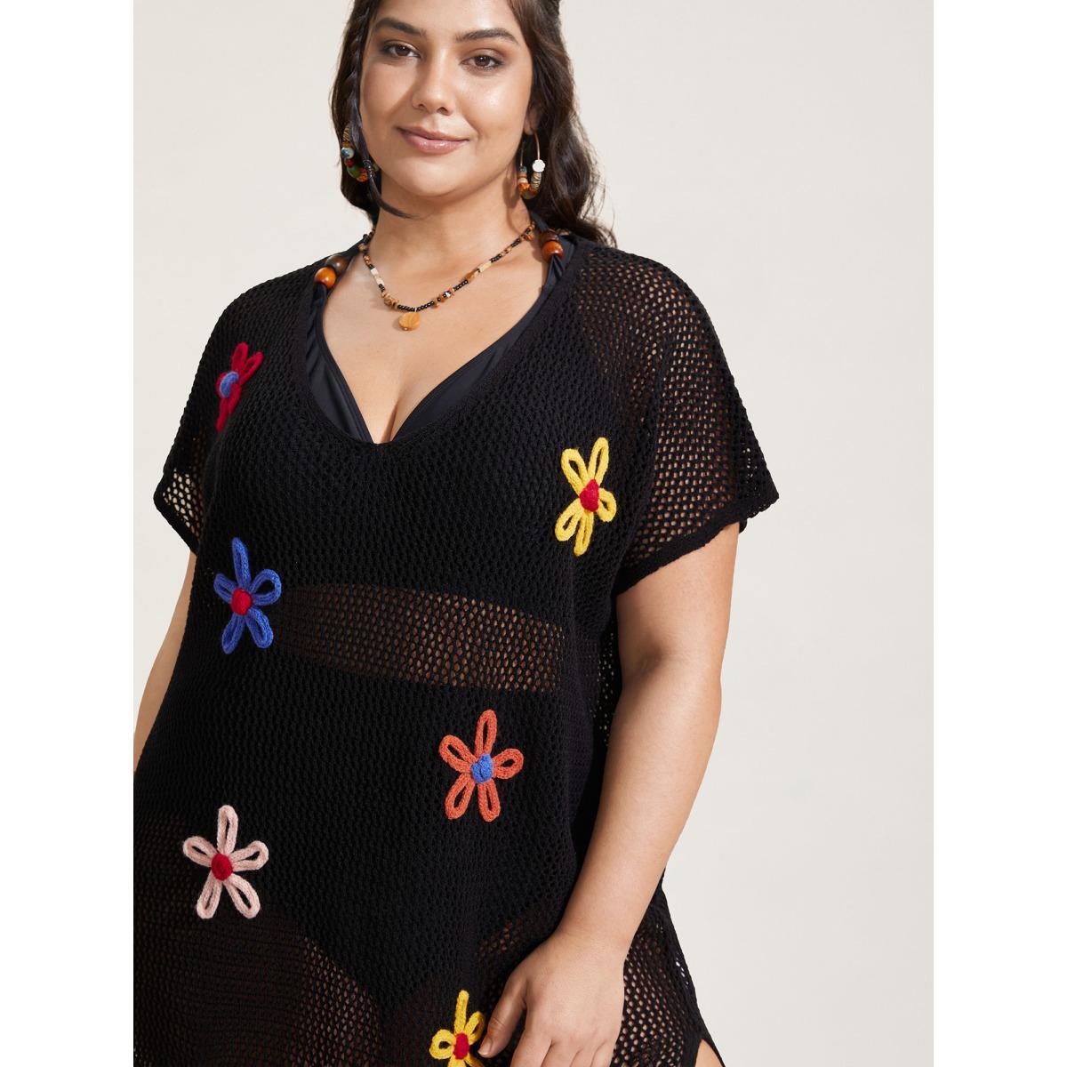 Plus Size Stereo Flower Design Slit Hem Swim Cover Up Women's Swimwear Black Beach Loose Crochet Curve Swim Cover Ups BloomChic 12/L Product Image