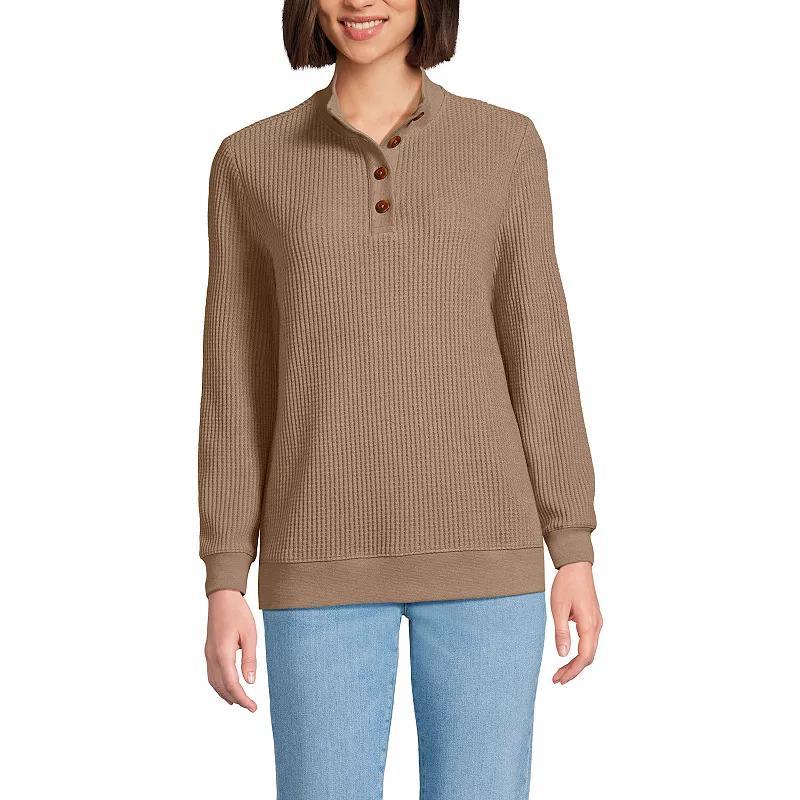 Women's Lands' End Long-Sleeve Waffle Knit Button Placket Top, Size: Large, Ivory Product Image