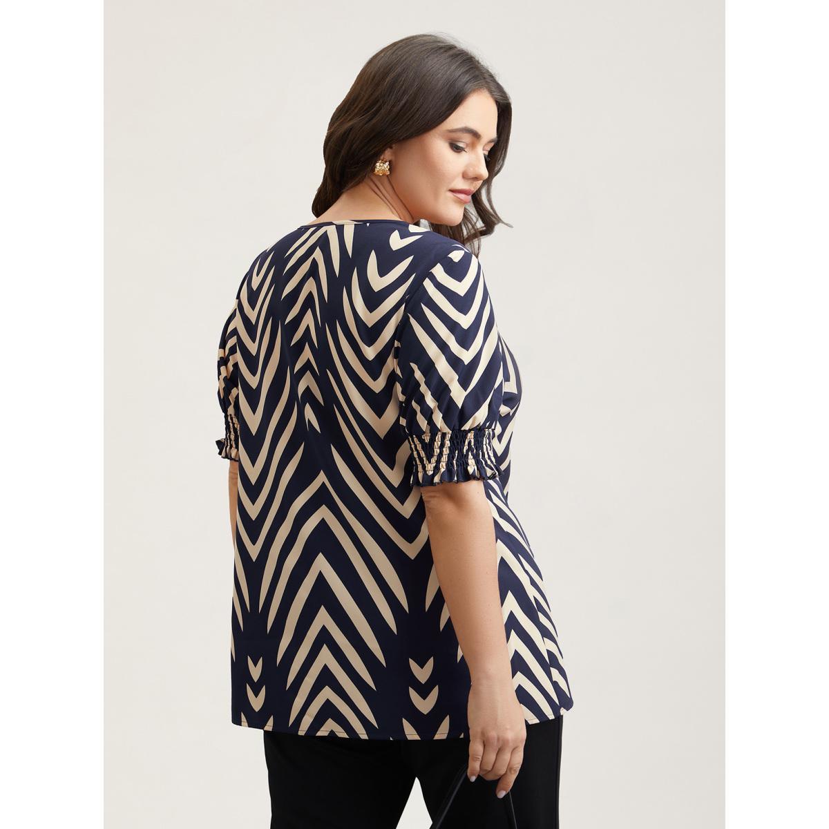 Plus Size DarkGreen Geometric Print Ruffled Shirred Shirt Women At the Office Half Sleeve Flat collar with V-notch Work Blouses BloomChic 14-16/1X Product Image