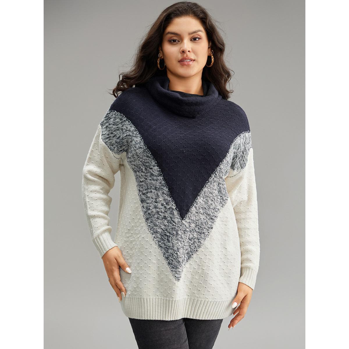 Plus Size Heather Colorblock Turtle Neck Pullover Midnight Women Casual Loose Long Sleeve Round Neck Dailywear Pullovers BloomChic 10/M Product Image