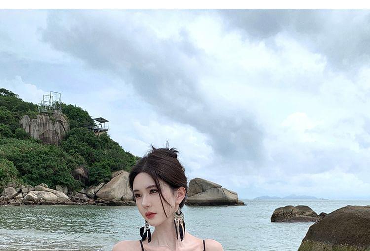 Spaghetti Strap Lace Paneled Slit Knotted Midi Sundress Product Image