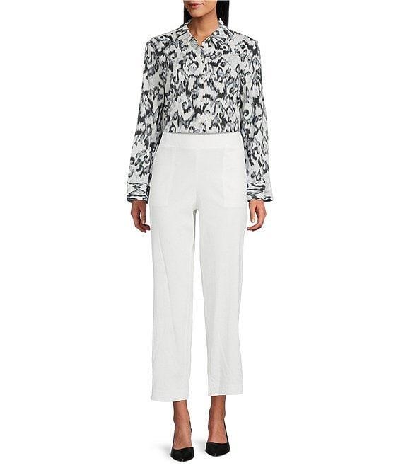 Investments Woven Black White Ikat Long Sleeve Point Collar Button Front Top Product Image