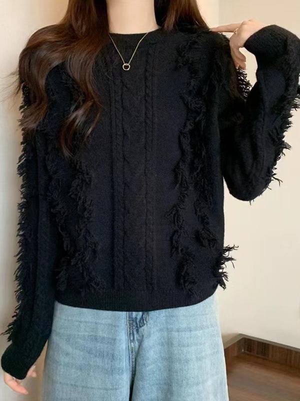 Solid Tassel Cable Knit Sweater Product Image