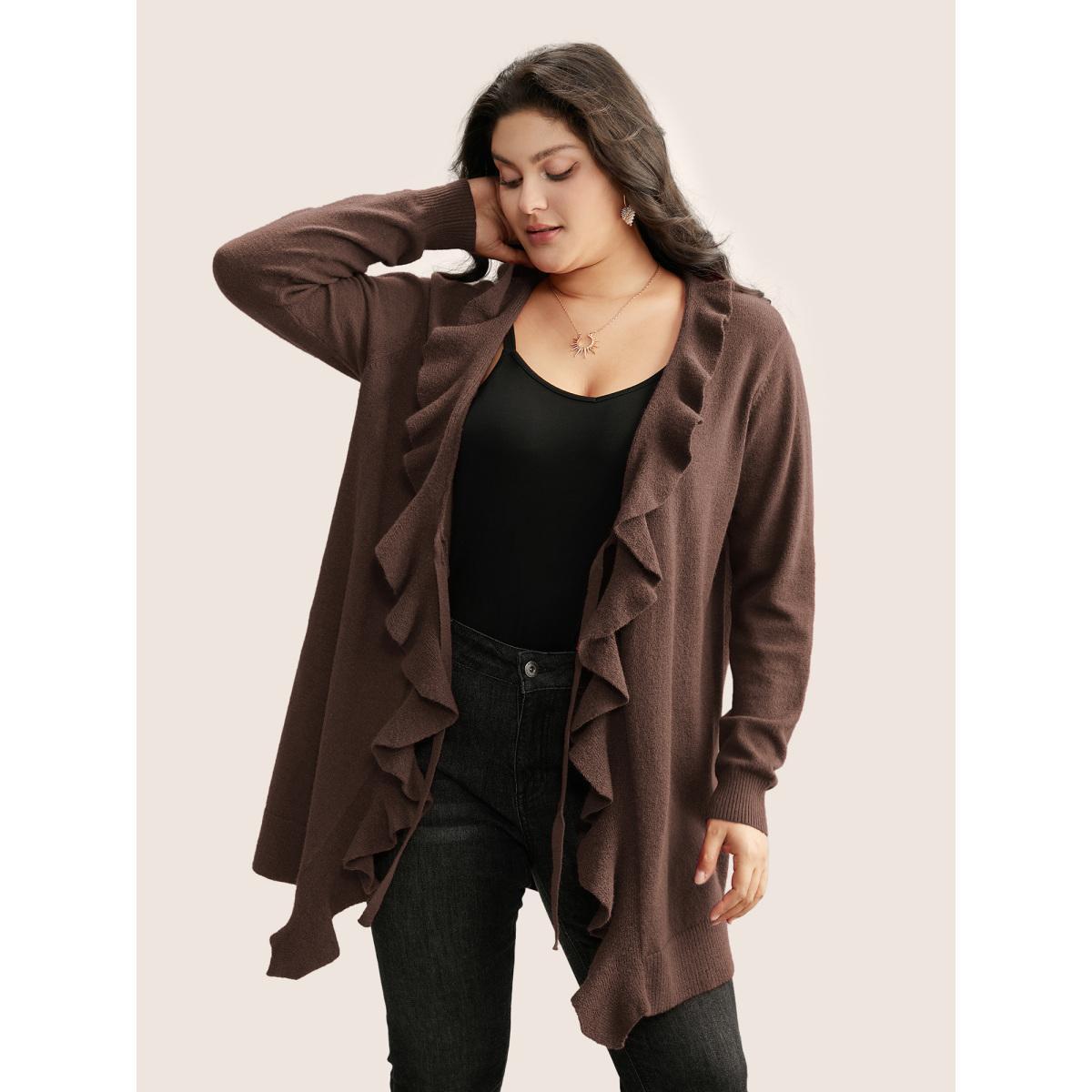 Plus Size Supersoft Essentials Solid Ruffle Trim Ties Cardigan DarkBrown Women Elegant Long Sleeve Everyday Cardigans BloomChic 30/6X Product Image