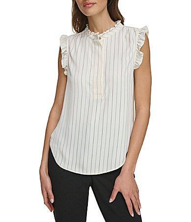 DKNY Sleeveless Ruffle Trim 1/2 Placket Popover Top (Parchment/Black) Women's Blouse Product Image