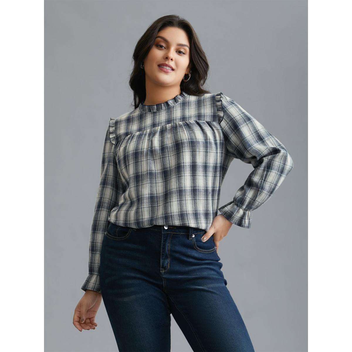 Plus Size Indigo Plaid Ruffle Trim Gathered Blouse Women Elegant Extra Long Sleeve Round Neck Everyday Blouses BloomChic 30/6X Product Image
