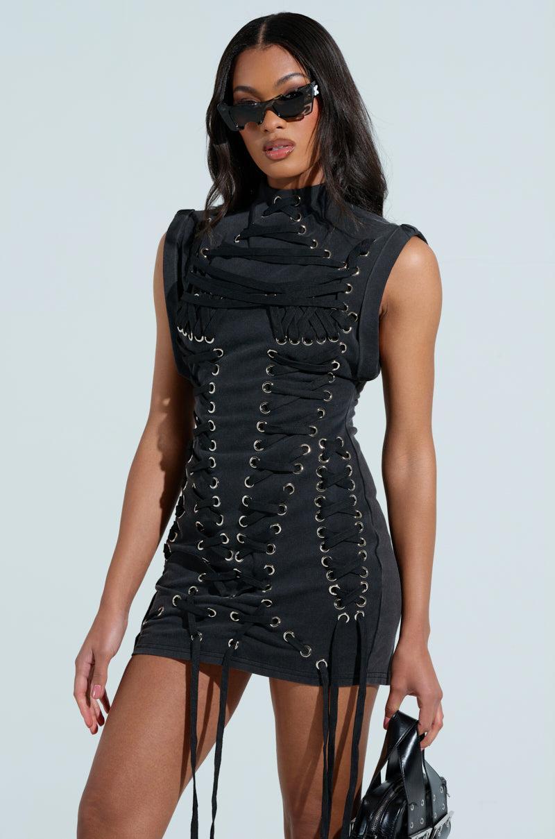 BANKS LACE UP MOCK NECK KNIT MINI DRESS Product Image