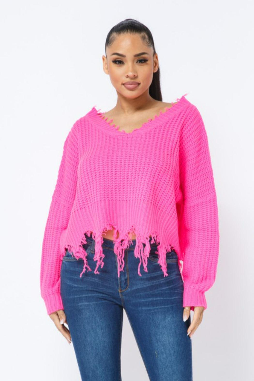 Solid Distressed V-Neck Sweater Product Image