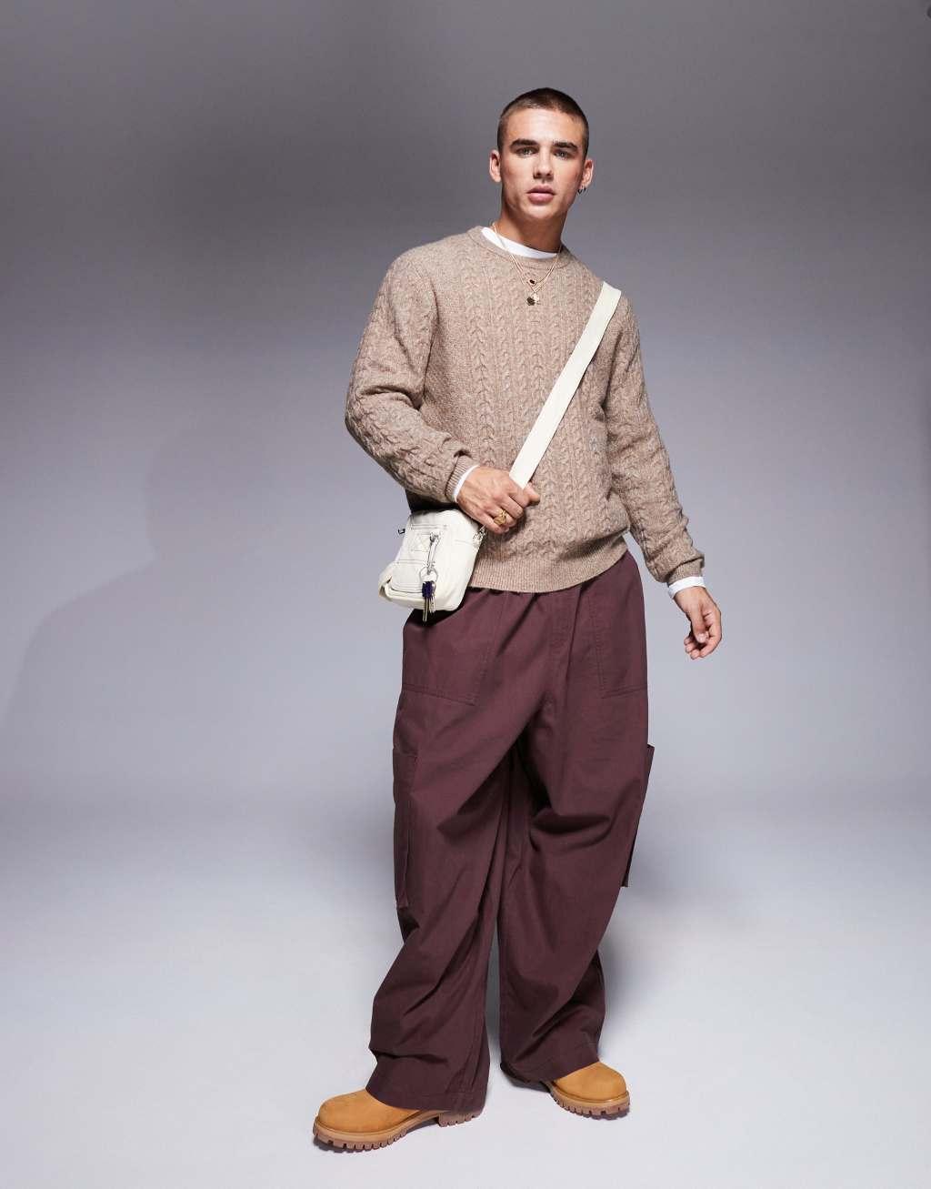 ASOS DESIGN oversized balloon cargo pants with elasticized waist in brown  Product Image