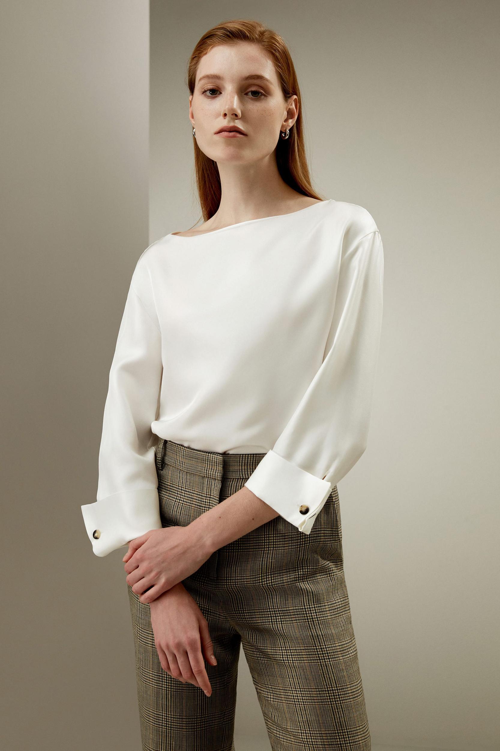 Silk Twill Blouse with Boat Neckline Product Image