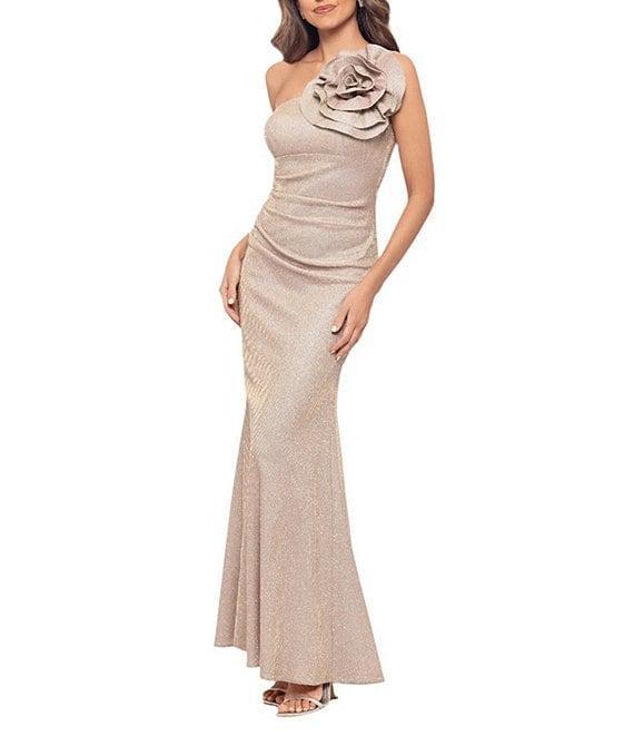 Betsy & Adam Glitter One Shoulder Neck Sleeveless Rosette Fit and Flare Gown Product Image