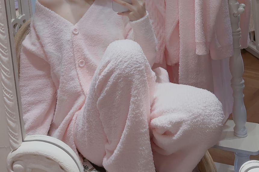 Set: Button-Up Plain Cardigan + Pants Product Image