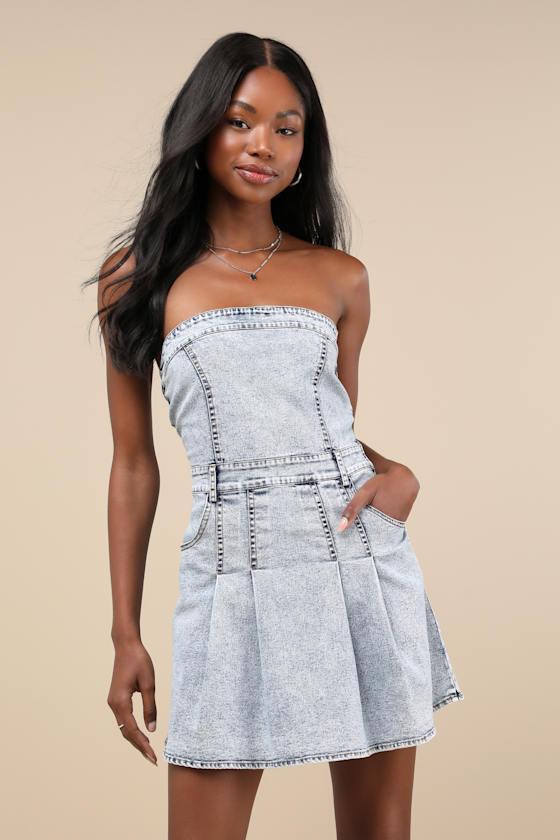 Trending Design Acid Wash Strapless Mini Dress With Pockets Product Image