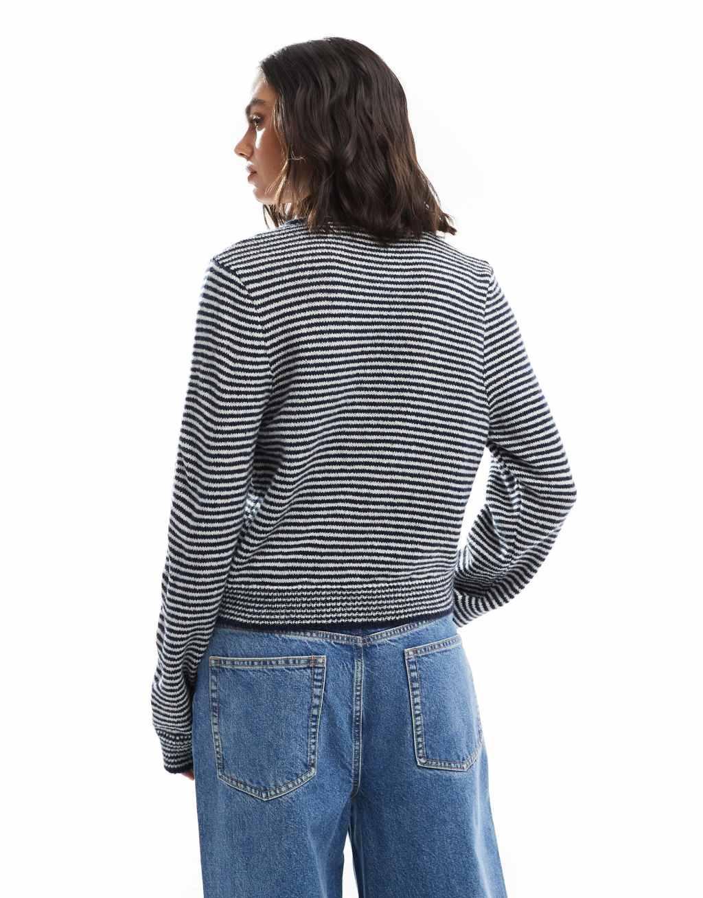 ASOS DESIGN knitted crop crew neck cardigan in navy and ecru stripe Product Image