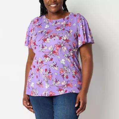 Liz Claiborne Plus Womens Round Neck Short Sleeve Blouse Product Image