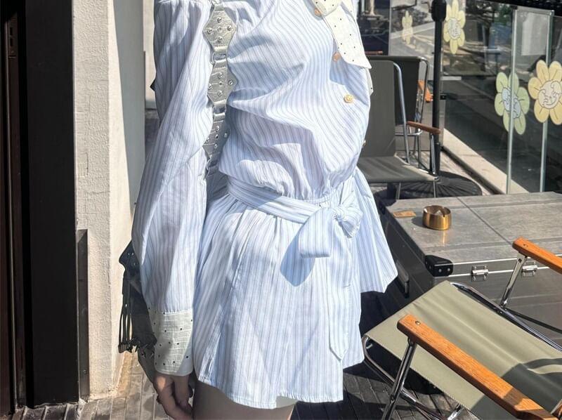 Long-Sleeve Striped Mini Shirt Dress Product Image
