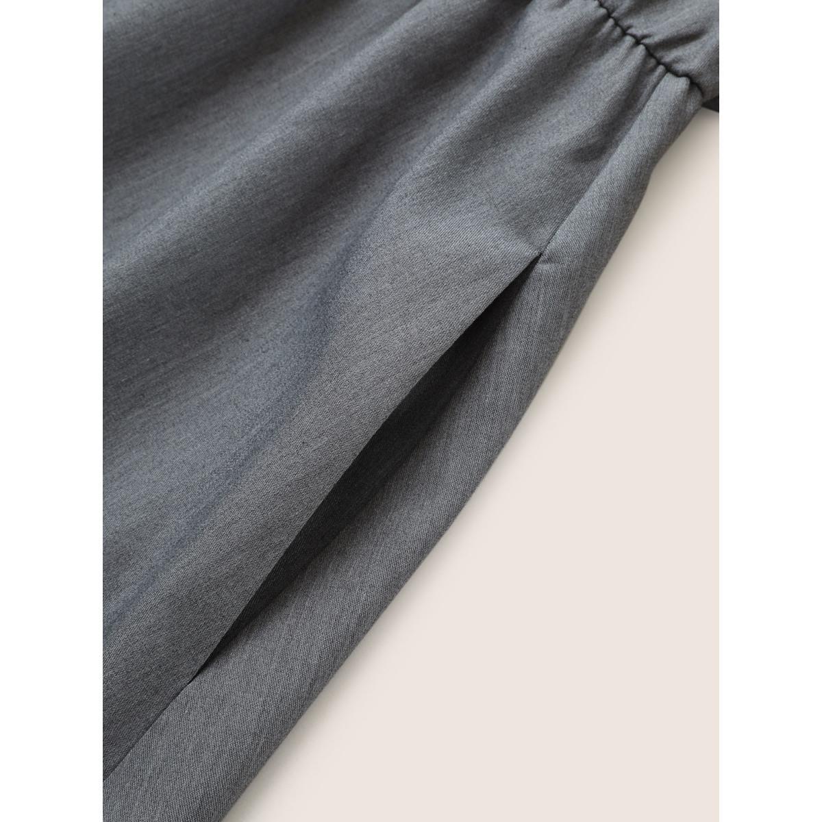 Plus Size Notched Button Detail Elastic Waist Belted Dress Gray Women At the Office Non Notched collar Short sleeve Curvy Midi Dress BloomChic 12/L Product Image