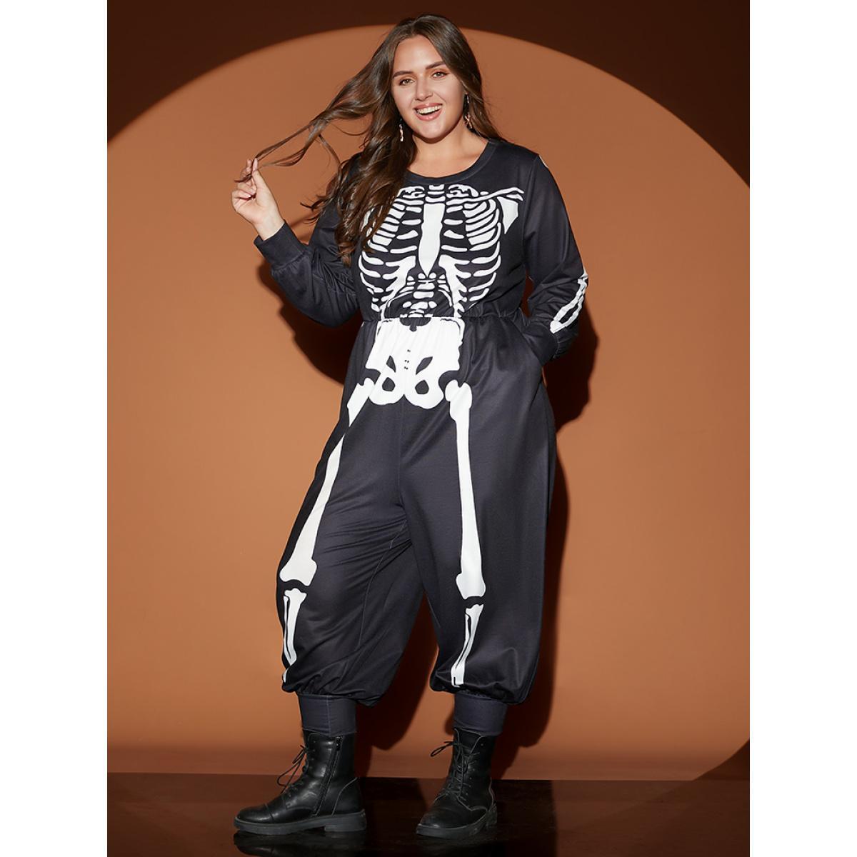 Plus Size Black Halloween Skull Print Round Neck Pocket Jumpsuit Women Casual Long Sleeve Round Neck Festival-Halloween Loose Jumpsuits BloomChic 18-20/2X Product Image