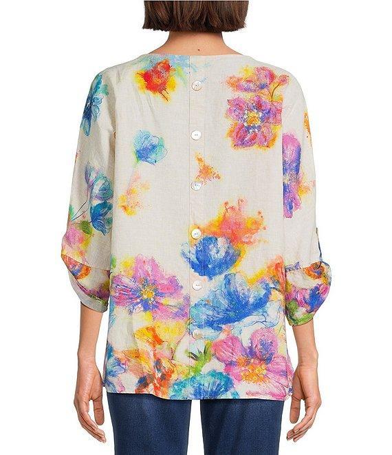 Ali Miles Petite Size Linen Blend Multi Floral Round Neck 3/4 Dolman Roll-Tab Sleeve Tunic Product Image