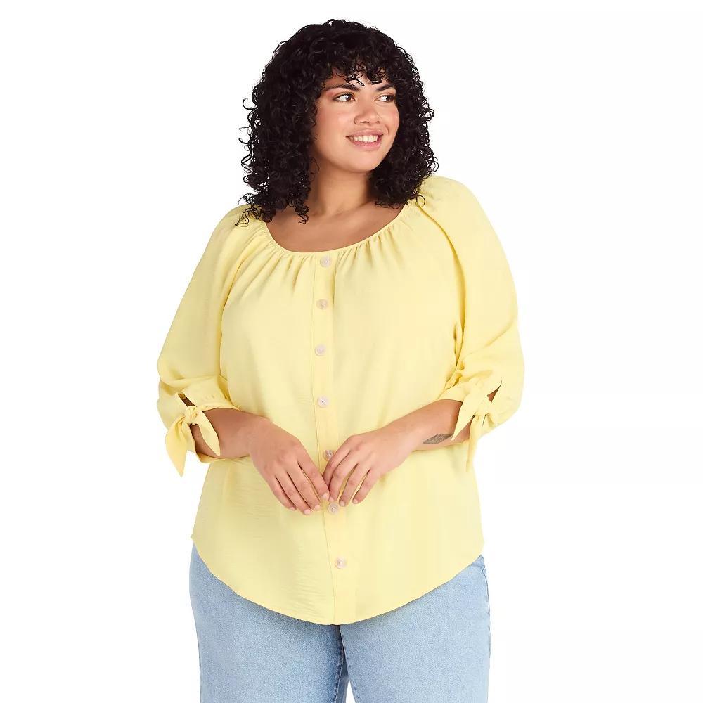 Plus Size AB Studio Button Front Tie Sleeve Top, Women's, Size: 4XL, Yellow Product Image