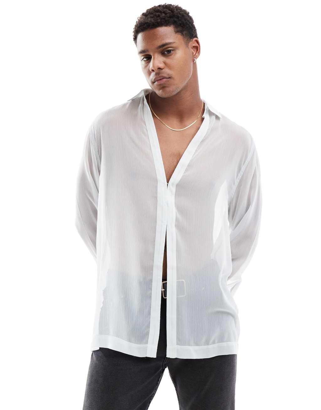 ASOS DESIGN relaxed sheer shirt in light gray Product Image