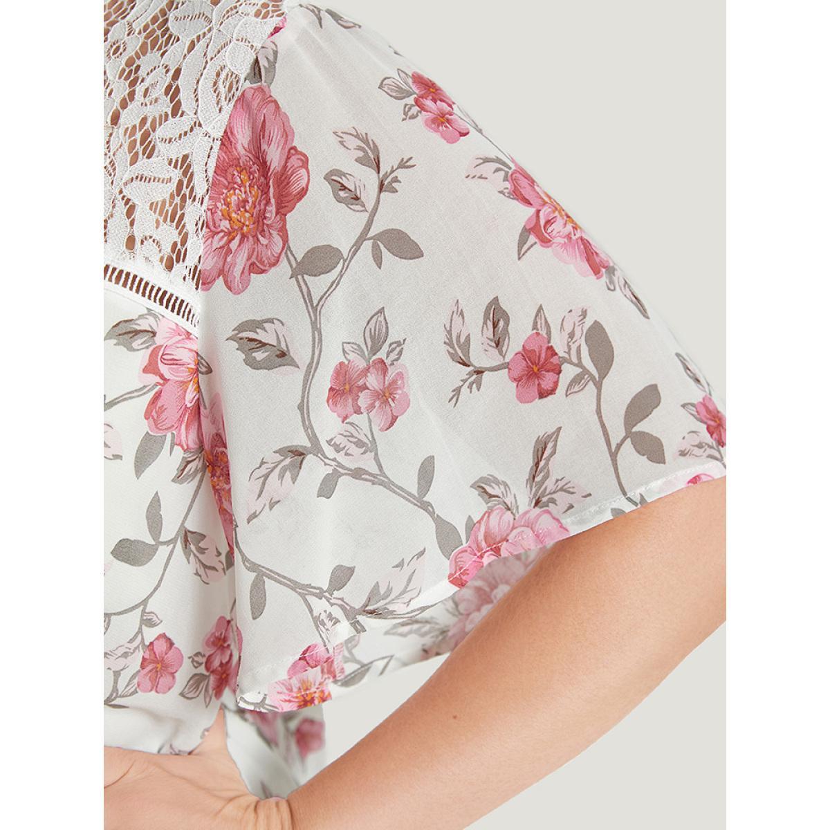 Plus Size White Floral Lace Ruffle Sleeve High Low Hem Blouse Women Elegant Short sleeve Round Neck Dailywear Blouses BloomChic 10/M Product Image