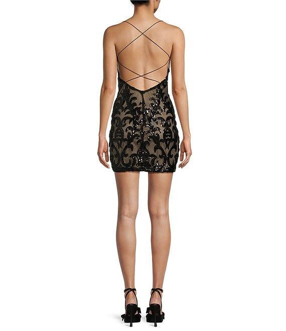 B. Darlin Bungee Spaghetti Straps V-Neck Placement Sequin Bodycon Dress Product Image