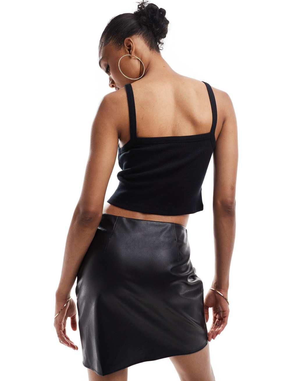 ASOS DESIGN Tall split front leather look mini skirt in black Product Image