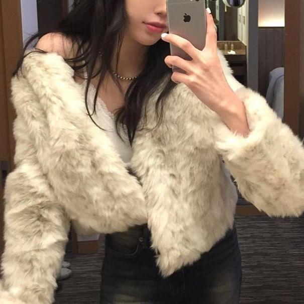 Crew Neck Plain Fluffy Open Front Crop Jacket Product Image