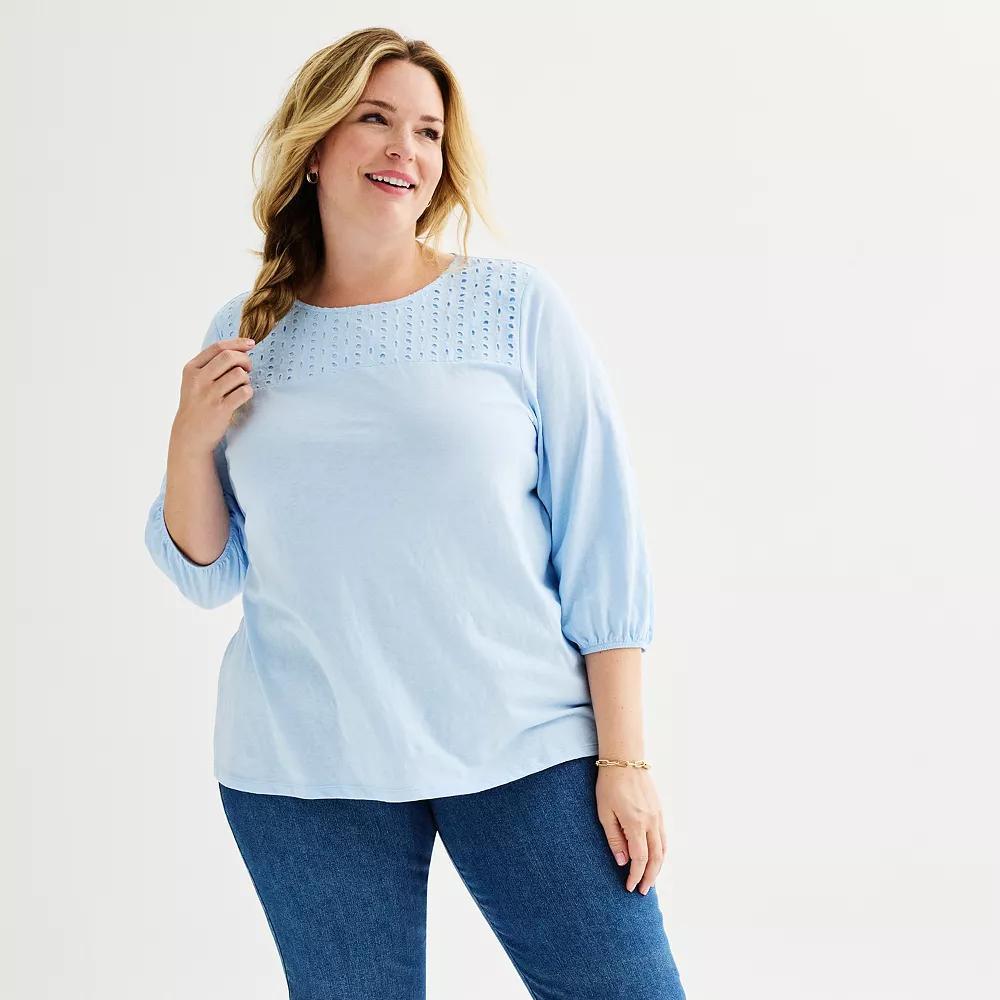 Plus Size Croft & Barrow® Eyelet Yoke 3/4-Sleeve Top, Women's, Size: 0X, Clear Blue Product Image