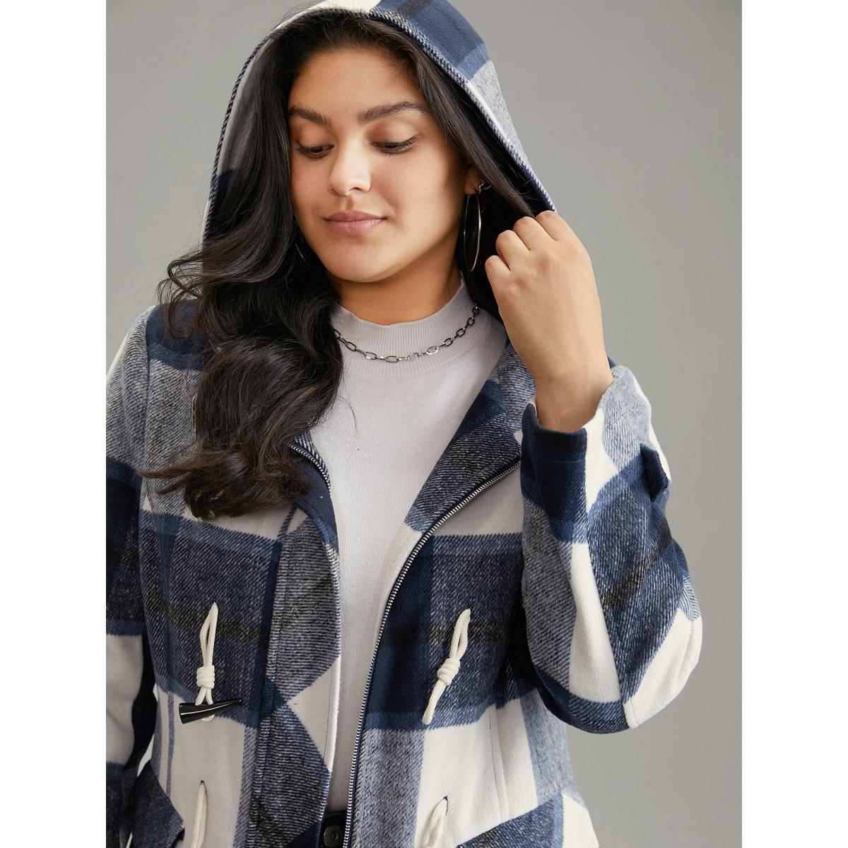 Plus Size Plaid Hooded Duffle Button Zipper Coat Women Indigo Casual Lined Ladies Dailywear Winter Coats BloomChic 28/5X Product Image