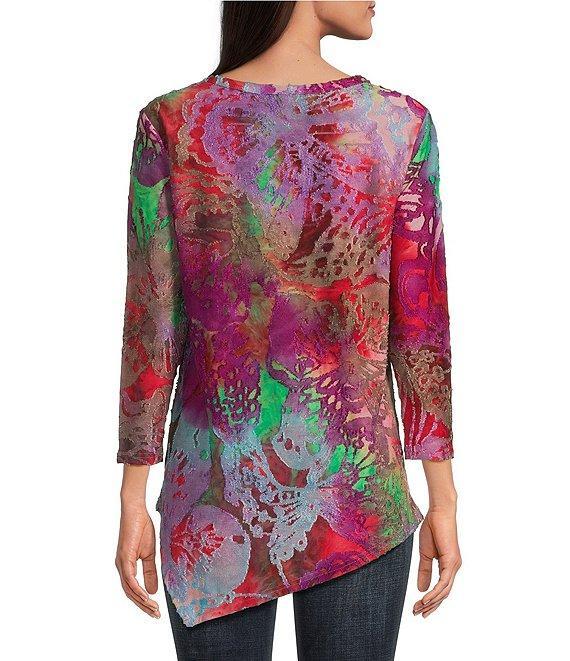 Calessa Burnout Tie-Dye Crew Neck Bracelet Sleeve Asymmetric Hem Tunic Product Image