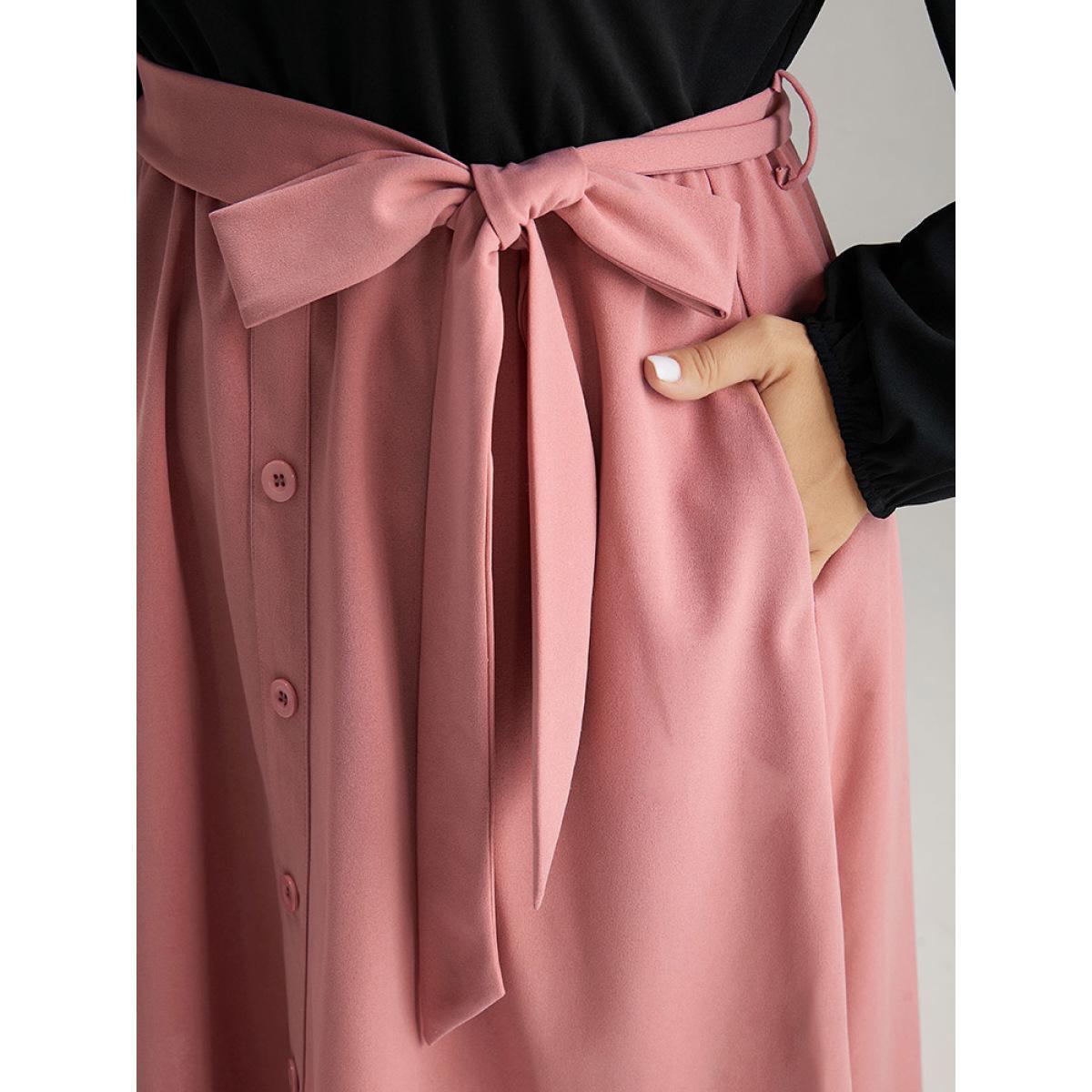 Plus Size Contrast Patchwork Button Detail Belted Dress Rouge Women At the Office Elastic cuffs Notched collar Long Sleeve Curvy Midi Dress BloomChic 30/6X Product Image